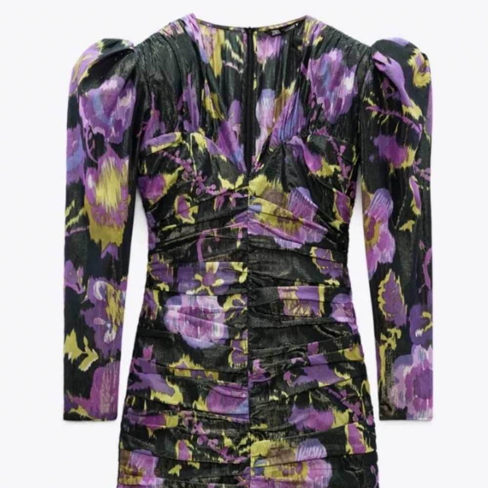 Zara Printed Metallic Draped Voluminous Mini Dress - Size XL - New
